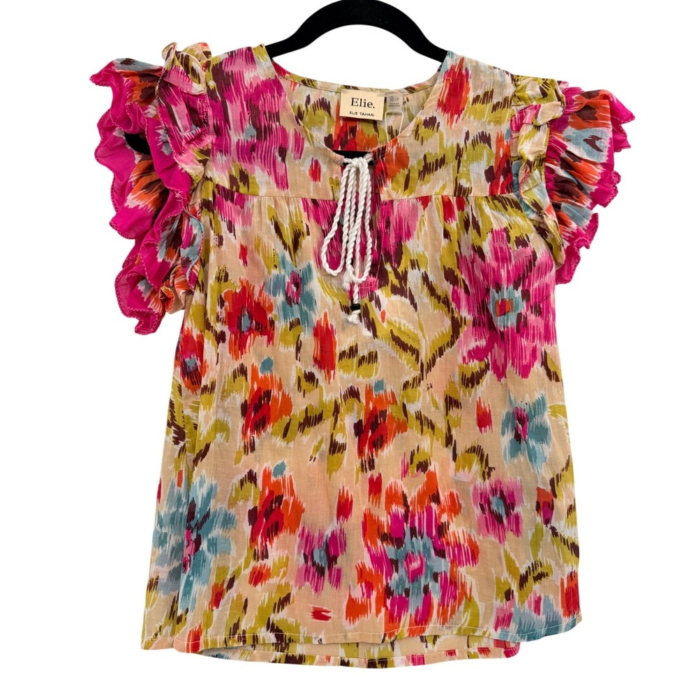 Elie Floral Ruffle Flutter Sleeve Blouse XS Multi Color Cotton Garden Boho